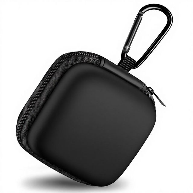 Black Square EVA Earbud Case-Portable Carabiner Heavy Duty Protection Waterproof Design for Earphones Tech Accessories