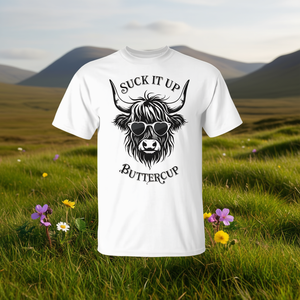 T-shirt Suck IT Up Buttercup Highland Cow bianca unisex per adulti taglia M - Product Image 3
