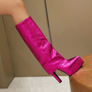 Bottes à plateforme pour femme, style Bling brillant, à talons aiguilles sexy, à semelle épaisse, montantes jusqu'au genou, pour l'hiver et l'automne, avec coupe ajustée - Product Image 1