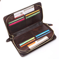 Dompet genggam pria kulit sapi asli ritsleting ganda, stok laris pemegang kartu tahan air panjang MOQ rendah OEM Vintage