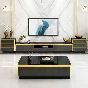 Modern luxury elegant black gold tv display stand white tv console stands and coffee table set living room latest design simple