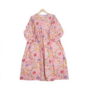 Robe Tunique Midi Écologique en Coton Biologique pour Femme, Imprimée à la Main, Dentelle Indienne Pailletée, Motif Léopard, Lettres et Diamants Plissés - Product Image 1