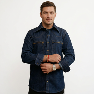 Men's Premium Dark Blue Denim Shirt With Dual Zip Pocket Full Sleeve Casual and Semi-Formal Wear Stylish Regular Fit Men'swear - Product Image 2