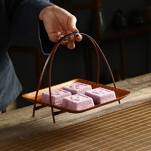Bamboo Fiber Woven Basket Herringbone Pattern Shallow Fruit Plate Japanese Style Dessert Stand <b>Tray</b> Serving <b>Trays</b> Set - Product Image 2