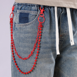Cadena de cintura roja de doble capa con cuentas para jeans, estilo punk, cadena corporal de plástico, accesorio de uso diario. - Product Image 1