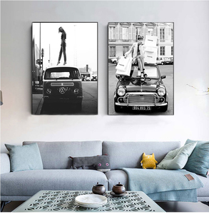 <span class=keywords><strong>Cuadro</strong></span> en lienzo de estilo Retro para chica y <span class=keywords><strong>coche</strong></span>, fotos blancas y negras, arte de la calle Vintage - Product Image 2