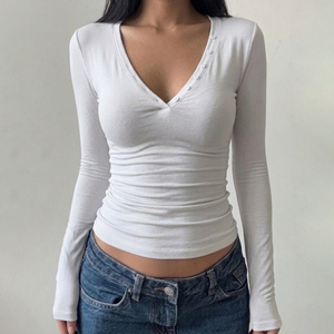 Camiseta de Punto de Manga Larga con Cuello en V de Color Sólido para Mujer, Informal, Básica, Ajustada, Suave y Elástica, para Verano y Otoño - Product Image 5