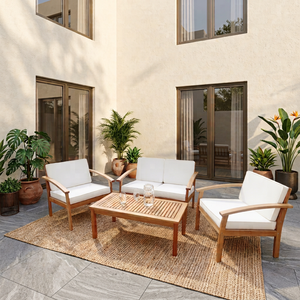 Contemporary Outdoor Wood <b>Sofa</b> Set with White Cushions for Garden Patio Furniture - Product Image 1