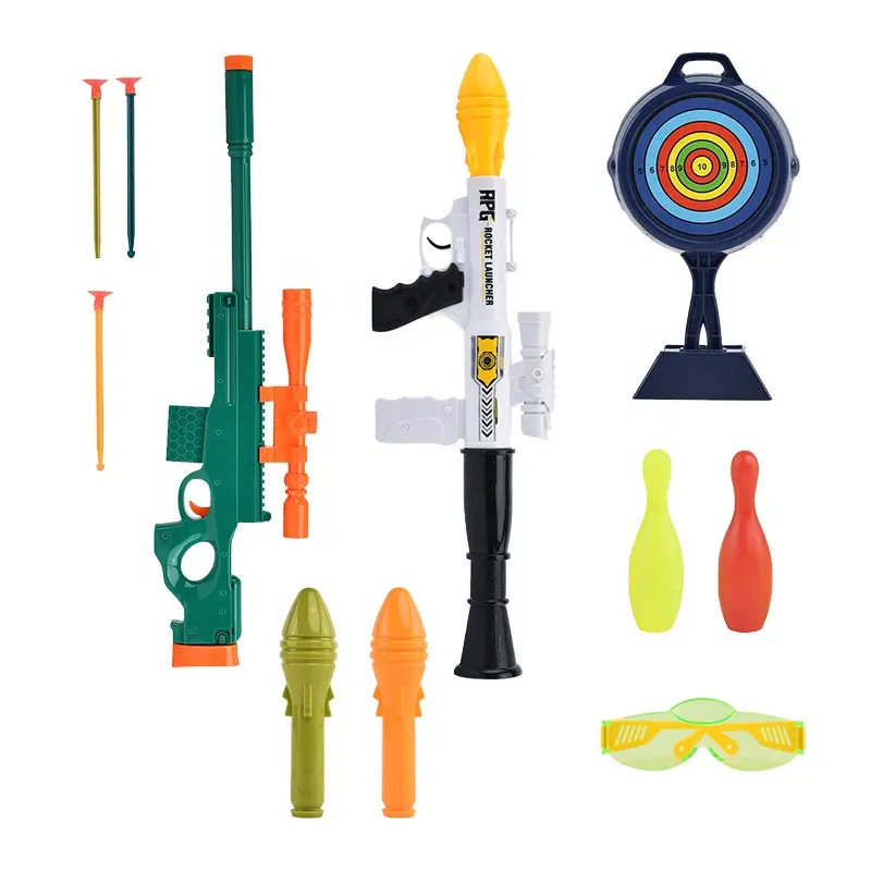 Yeni çocuk eğlence yumuşak kurşun silah çocuklar için 1 tabanca hedef 2 bowling seti çekim plastik füze oyuncak silahlar ile çift gözlük