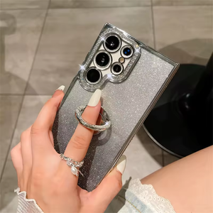 Funda de teléfono chapada con soporte de anillo de diamante de lujo para <span class=keywords><strong>SamsungS23</strong></span> Ultra S22 Plus S24Ultra, funda protectora de silicona suave para lente de cámara - Product Image 2