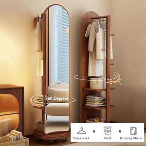Miroir sur pied arqué avec porte-vêtements, miroir sur pied rotatif <span class=keywords><strong>en</strong></span> bois massif avec roulettes, adapté aux chambres à coucher - Product Image 2