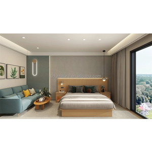 Ensemble de meubles de chambre d'hôtel 3 étoiles, lit plateforme en bois massif pas cher, taille Queen, avec tête de lit, tables de chevet assorties et matelas - Product Image 1