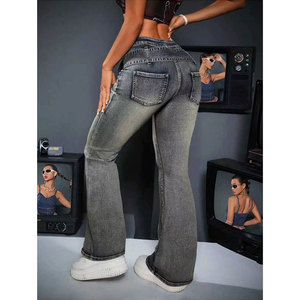 Jean en denim micro-évasé moulant taille basse amincissant et rehausseur de fesses pour femmes européennes et américaines, extensible, effet pêche, pantalon long - Product Image 2