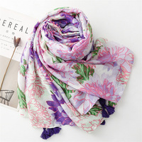 Nouveau violet vif fleur bronzant motif coton sentiment écharpes châles de plage dames imprimé fleuri écharpe châle frange Hijabs