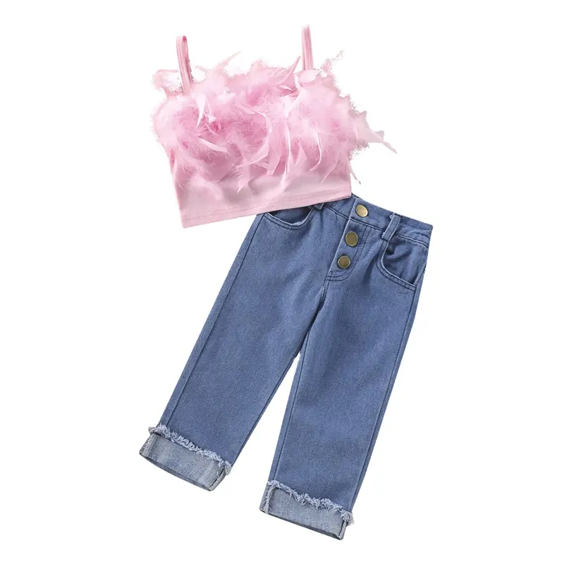 Lông Mùa Xuân Mùa Hè Trẻ Em Cô Gái Ruffle Quần Set Toddle Cô Gái Trang Phục Halter T-Shirt Denim Quần 2Pcs Quần Áo Thời Trang