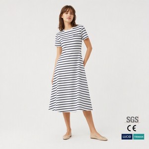 Abito Midi da Donna in Cotone Lavato 180GSM, Stile A-Line Svasato con Stampa a Righe <span class=keywords><strong>Breton</strong></span>, Classico Nautico Francese, Personalizzabile con Logo OEM - Product Image 1