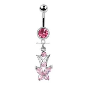 스테인레스 스틸 나비 디자인 배꼽 반지 최고 품질의 배꼽 단추 반지 10mm 핑크 꽃 최고의 선물