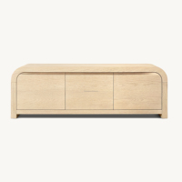Meuble TV Console Multimédia en Chêne Massif Séché au Four, Meuble de Salon 3 Portes à Profil Courbé, Style Japandi Moderne
