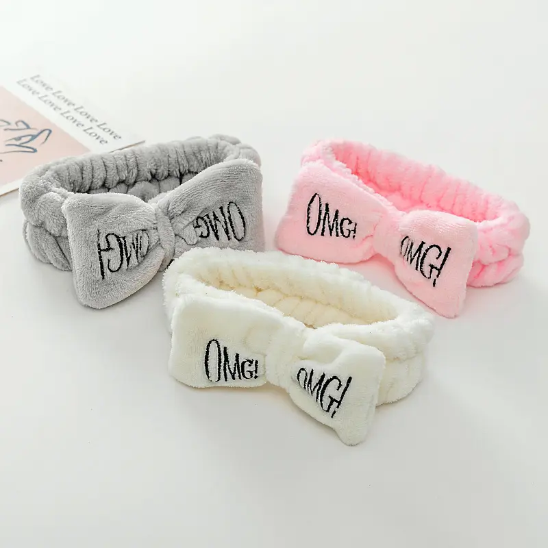 Custom Logo Omg Hot Seller Spa Producten Mooie Kwaliteit Zachte Fluwelen Koraal Fleece Hoofdband Polsband Kit Met Strik