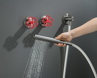 Set Shower Tersembunyi WEIHAO dari Kuningan Padat dengan Finishing Nikel Brushed, Gagang Tombol Bunga Merah, Sistem Shower Kamar Mandi dengan Tekanan Air Tinggi