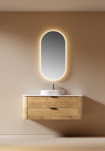 Mueble de Baño de Lujo Ovalado, Montado en la Pared, con Rejilla Curva de Roble, con Lavabo de Cerámica y Placa de <span class=keywords><strong>Roca</strong></span> - Product Image 4