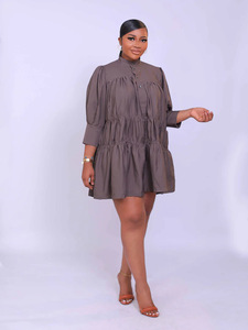 Mới Đến Của Phụ Nữ Midi Đu Ăn Mặc Màu Rắn Cổ Cao Dây Kéo Trang Trí Lỏng Dài Tay Áo Cho Đảng Có Sẵn Kích Thước Lớn - Product Image 6