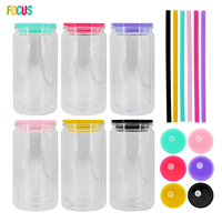 Gobelet à double paroi en acrylique transparent de 16 oz, type Mason Can, avec couvercle en plastique coloré, pour vinyle UV DTF, très vendu aux États-Unis