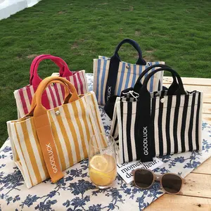 Trendy Multi Styles Summer Beach Picnic Outdoor Dropshipping Handbag Stripe Canvas Tote Shoulder Bag for Women