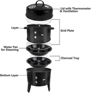 3 In 1 Grill Smoker 3 Layers Tower Grill Smoker Vertical Barrel Charcoal Barbecue Grill Smoker Charcoal BBQ
