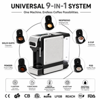 Machine à café expresso 9 en 1, 19 bars de pression, compatible avec les capsules Nespresso, Dolce Gusto, K Cup, café moulu