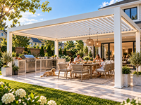 Gazebo extérieur permanent en aluminium blanc avec cuisine intégrée, pergola autoportante pour la salle à manger dans la cour
