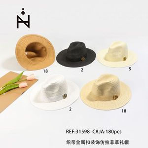 Cappello in finta rafia con decorazioni in tessuto e fibbia in metallo, cappelli di paglia - Product Image 3