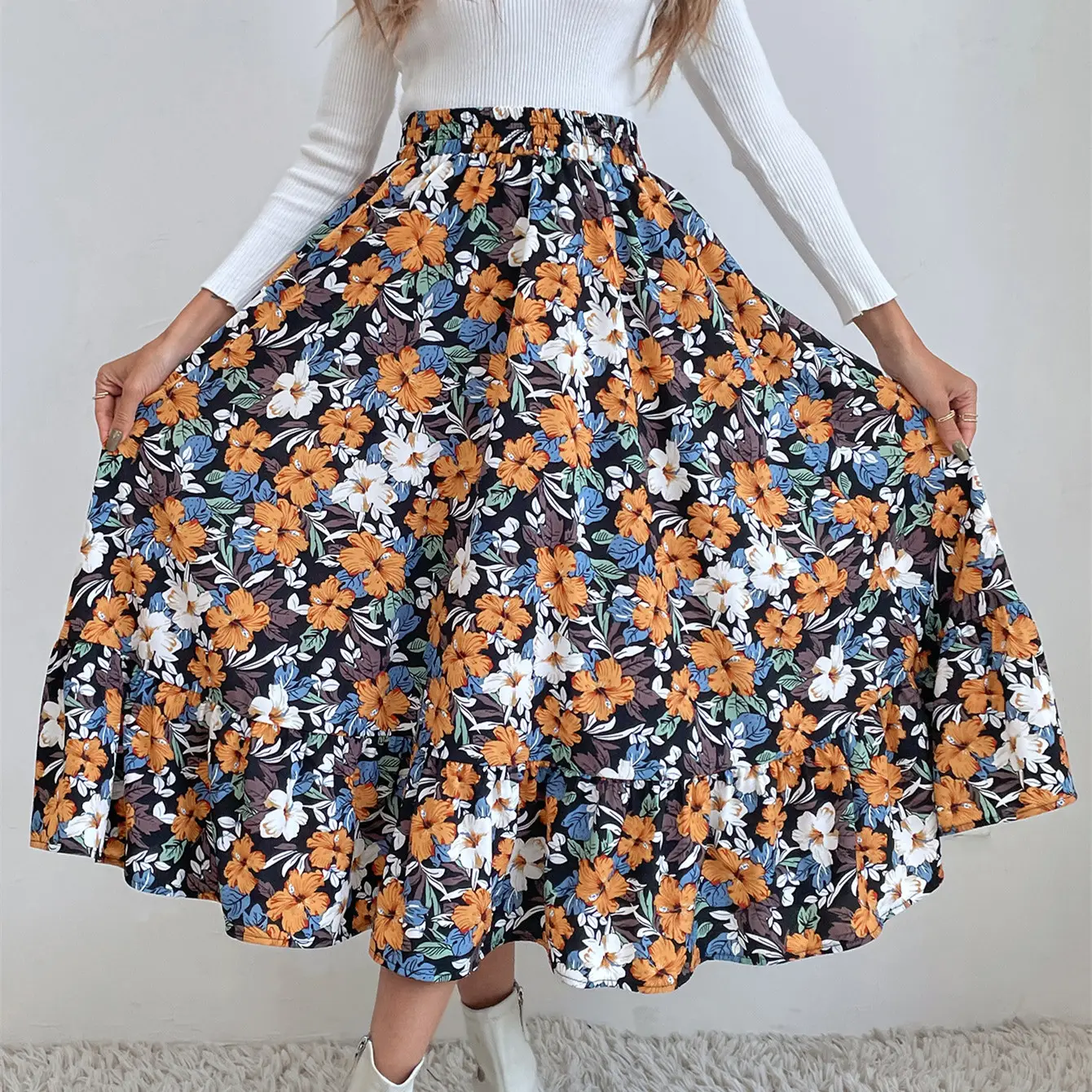 Vintage Women Elegant Floral Skirt High Waist Big Swing Summer A-line Dress New Lady Long Casual Skirt Woman