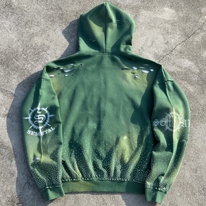 Sudadera con capucha de lujo de algodón bordado, personalizada, 400 g/m², con lavado ácido y pedrería, para hombre, oversize, con cremallera, efecto desgastado - Product Image 2
