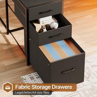Bureau de jeu/ordinateur moderne en MDF avec lumières LED, prise de courant, étagères de rangement, 3 tiroirs en tissu, base en acier