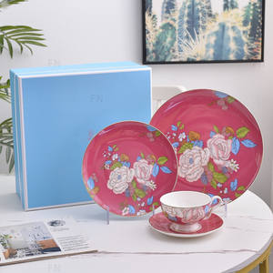 Service de table 4 pièces en porcelaine fine avec bols, assiettes, tasses et soucoupes – Motif porte-bonheur et joyeux pour usage familial et cadeaux d'affaires - Product Image 3