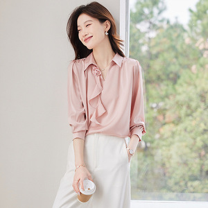 Women's Pink Satin Shirt Long Sleeve Solid Color Asymmetry <b>Wrap</b> Tie Office Blouse Q9972 - Product Image 1