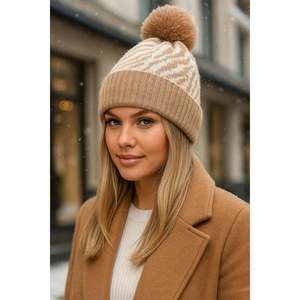 Bonnet doublé en laine importée à motifs zèbres camel BERE1138 - Camel98 - Product Image 2
