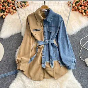 HY063 New Arrival Korean Version Shirt Dress Slim Irregular Medium Length Denim Dress Women Splicing Corduroy Lapel Fall Dress