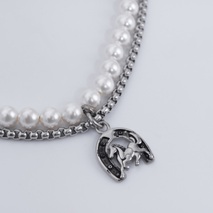 Wholesale Stainless Steel Horse Head Pendants Necklaces Retro Fashion Design Pearl Choker <b>Charms</b> Necklace - Product Image 2