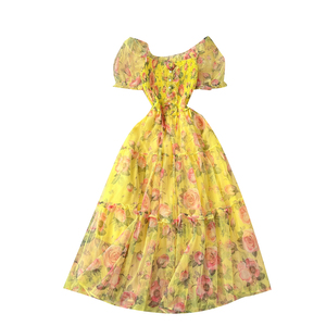 <span class=keywords><strong>Abito</strong></span> <span class=keywords><strong>Midi</strong></span> Vintage Casual tunica per donna manica a sbuffo <span class=keywords><strong>abito</strong></span> a maglia floreale viola bordeaux <span class=keywords><strong>giallo</strong></span> - Product Image 5