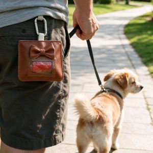 Vintage <b>Bow</b> Dog Poop Bag <b>Holder</b> Outdoor Portable PU Leather Dog Waste Bag Dispenser Zipered Pouch with Carabiner Clip - Product Image 3