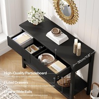 Table console moderne à poignée étroite et sans poignée, noire, à nervures, avec 2 tiroirs, étagère ouverte, table d'entrée, table de canapé