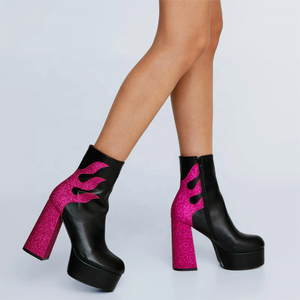 Glitter Fire Patchwork Round Toe Women <b>Platform</b> Short <b>Boots</b> Side Zipper Women Ankle Booties High Chunky Heels Shoes Customized - Product Image 2