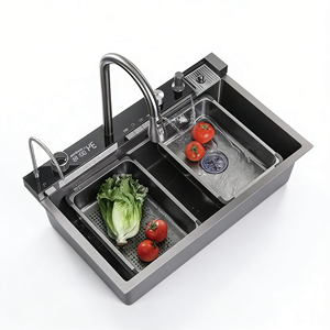 Fregadero de Cocina de Acero con Acabado Cromado Gunmetal, Diseño Moderno, Multifuncional, Doble Tazón, Grifo Cascada, Enjuagador de Tazas, para Hogar y Hotel - Product Image 1