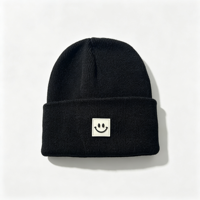 Bonnet tricoté unisexe avec patch Smiley, couleur unie, chaud, pour l'hiver, décontracté, extensible, pour l'extérieur