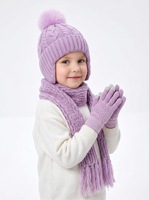 Conjunto de Gorro, Guantes y Bufanda de Invierno para Niños, Gorro con Orejeras, Bonito Gorro de Punto con Pompones para Niñas, Bebés y Niños Pequeños, Color Rosa, Cálido, 100% Algodón, Juego de 3 Piezas