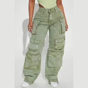 Pantalones Cargo para mujer, pantalones informales holgados de cintura alta para mujer, ropa de calle con múltiples bolsillos, pantalones vaqueros rectos de pierna ancha