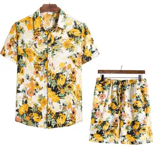 بالجملة الصينية أزرار الرجال-قصيرة الأكمام السراويل 2 قطع الصيف هاواي قميص زر واحد الرجال تي شيرتات جملة فضفاضة الرجال الشاطئ طباعة النمط الصيني