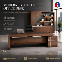 Bureau de direction moderne en bois pour PDG, finition grain de bois foncé avec plateau en incrustation de charbon et rangement sur piédestal